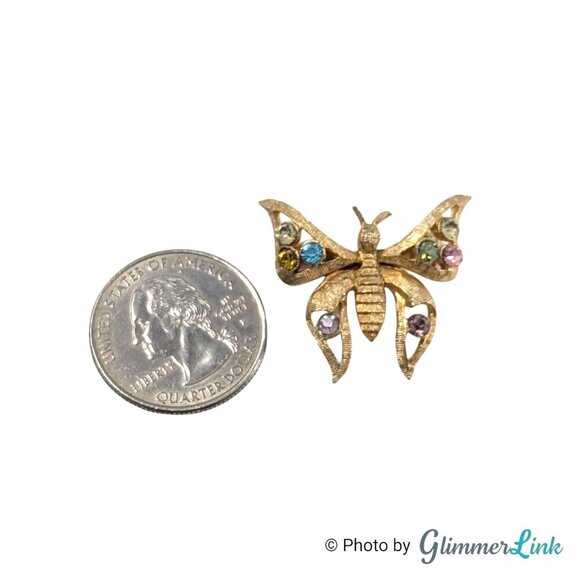 Vintage Butterfly Multicolor Pastel Rhinestone Dainty Figural Gold Tone Brooch - Picture 4 of 8